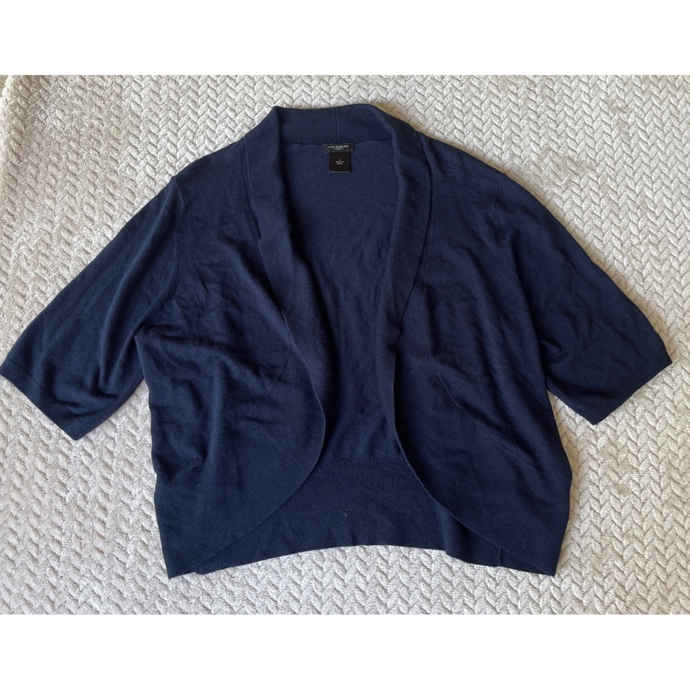 Ann Taylor Navy Blue Open Front Shrug Cardigan Short Sleeve Knit Sweater Large